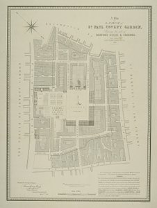 Karte der Pfarrei St. Paul, Covent Garden, zeigt den Standort von Bedford House und Gelände, veröffentlicht von W.P. Metchim, 1686