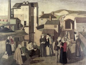 Szene in einer Dorfstraße mit Mühlenarbeitern im Gespräch