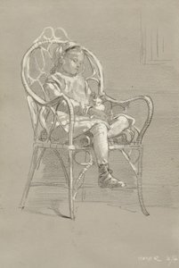 Kind sitzt in einem Korbstuhl, 1874