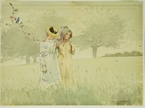 Mädchen spazieren in einem Obstgarten, 1879