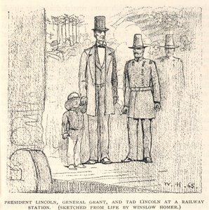 Präsident Lincoln, General Grant und Tad Lincoln an einem Bahnhof, aus The Century Magazine, November 1887 von Winslow Homer