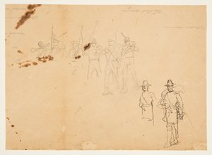 Skizzen einzelner Infanteriefiguren und Übungsunterschriften