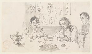 Drei chinesische Männer spielen Domino in einem Baxter Street Club-Haus, New York City