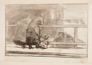 Zwei Frauen und ein Kind an einem Geländer, mit Blick auf den Strand von Tynemouth von Winslow Homer