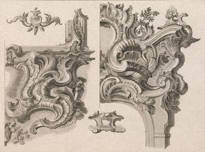 Vorschlag für die Dekoration des unteren rechten und oberen rechten Teils eines Altarrahmens..., gedruckt ca. 1750-56 von Wolffgang Christoph Mayr