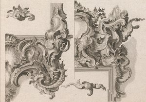 Vorschlag zur Dekoration des unteren rechten und oberen rechten Teils eines Altarrahmens (gedruckt ca. 1750-56) von Wolffgang Christoph Mayr