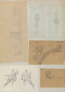 Seite aus einem Sammelalbum mit Zeichnungen und mehreren Drucken von Architektur, ca. 1800-1850