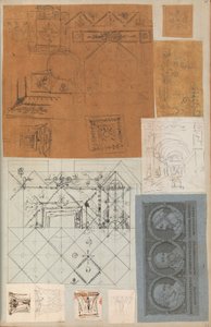 Seite aus einem Sammelalbum mit Zeichnungen und mehreren Drucken von Architektur, ca. 1800-1850