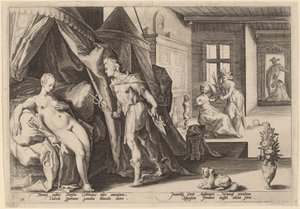 Merkur betritt das Zimmer von Herse, nachdem er Agraulos in Stein verwandelt hat von Workshop of Hendrick Goltizus, after Hendrick Goltzius