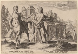 Apollo vertraut Chiron die Erziehung von Asklepios an von Workshop of Hendrick Goltzius, after Hendrick Goltzius
