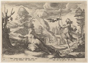 Apollo tötet Coronis von Workshop of Hendrick Goltzius, after Hendrick Goltzius