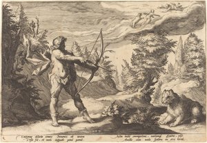 Arcas bereitet sich darauf vor, seine Mutter zu töten von Workshop of Hendrick Goltzius, after Hendrick Goltzius