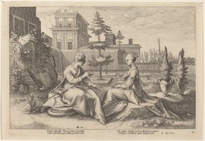 Juno in der Gestalt von Beroe, warnt Semele von Workshop of Hendrick Goltzius, after Hendrick Goltzius