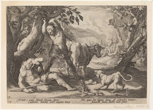 Landschaft mit Merkur, der sein Schwert hebt, um einen schlafenden Argus zu töten von Workshop of Hendrick Goltzius, after Hendrick Goltzius
