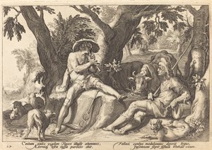 Merkur versetzt Argus in Schlaf von Workshop of Hendrick Goltzius, after Hendrick Goltzius