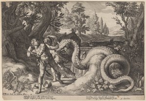 Der Drache, der die Gefährten von Kadmos verschlingt von Workshop of Hendrick Goltzius, after Hendrick Goltzius