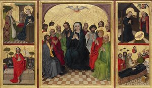 Retabel des Heiligen Geistes geöffnet. Pfingsten, Verkündigung, Geburt Christi, Auferstehung Christi und Tod der Jungfrau, um 1448