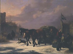 Ein Pferdeschlitten bei einer Bude von Wouterus Verschuur