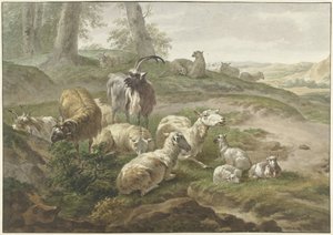 Ziegen und Schafe in einer hügeligen Landschaft von Wybrand Hendriks