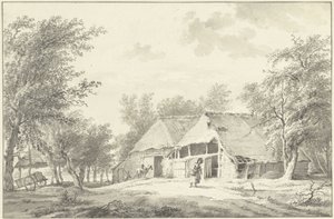 Landschaft mit Bauernhof und Frau mit Korb