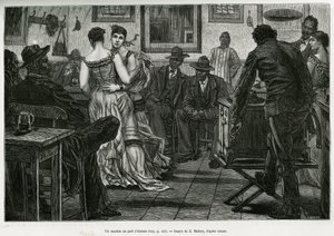 Ein Musiker im Hafen von Antwerpen, wo Matrosen trinken und zum Klang der Drehorgel tanzen können. Gravur von X. Mellery, um die Geschichte von Belgien zu illustrieren, von Camille Lemonnier, veröffentlicht in Le tour du monde, herausgegeben von Edouard Ch von Xavier Mellery