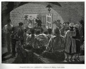 Keller für Polichinelles, ein Keller für Puppenspiele. Gravur von X. Mellery, zur Illustration der Geschichte von Belgien von Camille Lemonnier, veröffentlicht in Le tour du monde, herausgegeben von Edouard Charton (1807-1890)
