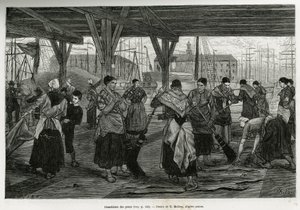 Desalation der Häute, durch Frauen, die die Überreste der Tiere unter den Strukturen der Hallen des Hafens von Antwerpen abkratzen. Gravur von X. Mellery, um die Geschichte von Belgien zu illustrieren, von Camille Lemonnier, veröffentlicht in Le tour du mo