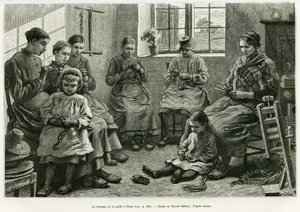 Das Flechten von Stroh in Sluze. Gravur von Xavier Mellery zur Illustration der Geschichte „Belgien“ von Camille Lemonnier, in Le Tour du monde 1886, herausgegeben von Edouard Charton (1807-1890), Hachette, Paris.