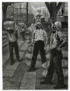 Das Entladen eines Schiffes, die Hafenarbeiter mit Teermützen auf dem Kopf stapeln die Waren auf den Docks des Hafens von Antwerpen. Gravur von X. Mellery, zur Illustration der Geschichte Belgien, von Camille Lemonnier, veröffentlicht in Le tour du monde,  von Xavier Mellery