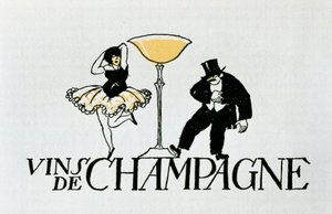 Werbevignette für Champagnerweine, die ein tanzendes Paar um eine Tasse darstellt, 20. Jahrhundert (Plakat) von Xavier Nogues