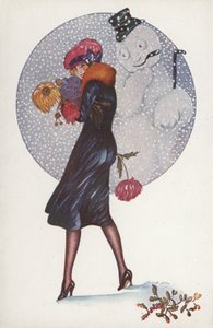 Neujahrskarte mit einem Mädchen und einem Schneemann von Xavier Sager