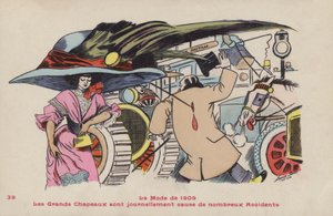 Postkarte, die die Gefahren großer Hüte und dazugehöriger Hutnadeln satirisch darstellt - die Mode von 1909 von Xavier Sager