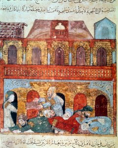 Der vagabundierende Navigator Abu-Zayd und die schlafenden Händler. Miniatur aus den Maqamat (Seances) von Abu Mohammed al-Kasim ibn Ali Hariri (1054-1122) illuminiert von Yahya Mahmud al-Wasiti von Yahya ibn Mahmud Al Wasiti