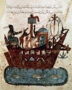 Abu Zayd und Al-Harith segeln von Basra nach Oman, Miniatur aus Maqamat von al-Hariri (Die Treffen), ca. 1240