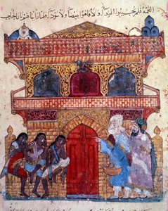 Der Bürger al-Harith, Sohn von Hammam, und der wandernde Navigator Abu-Zayd vor dem Palast des Königs. Miniatur aus den „Maqamat“ (Sitzungen) von Abu Mohammed al-Kasim ibn Ali Hariri (oder Al-Hariri) (1054-1122) von Yahya ibn Mahmud Al Wasiti