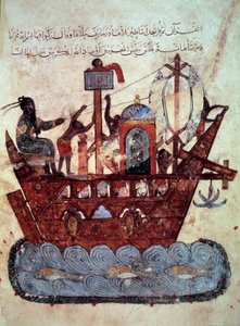 Der Bürger al-Harith, Sohn von Hammam, und der wandernde Navigator Abu-Zayd auf einem Miniaturboot aus den „Maqamat“ (Seancen) von Abu Mohammed al-Kasim ibn Ali Hariri, illuminiert von Yahya Mahmud al-Wasiti von Yahya ibn Mahmud Al Wasiti