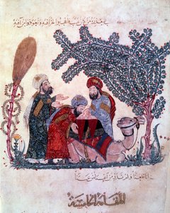 Der Bürger al-Harith, Sohn von Hammam, entdeckt eine Nachricht vom wandernden Navigator Abu-Zayd. Miniatur aus den „Maqamat“ von Abu Mohammed al-Kasim ibn Ali Hariri (1054-1122) von Yahya ibn Mahmud Al Wasiti