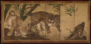Löwen und Tiger in Pfingstrosen und Bambus