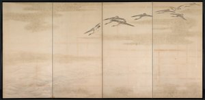 Gänse, Schilf und Wasser, 1800er von Yamamoto Baiitsu