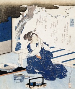 Kurtisane im Yukata (blau-weißes Baumwoll-Kimono), Wandpaneel mit Gedicht dekoriert