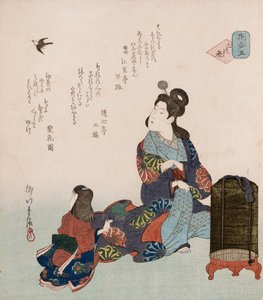 Kokoro no hana "Blumen des Herzens", ein poetischer Ausdruck, der die sich ständig ändernden menschlichen Emotionen mit leicht verstreuten Blütenblättern vergleicht, illustriert eine Mutter und ihre Tochter, die einen Vogel beobachten, der aus seinem Käfig