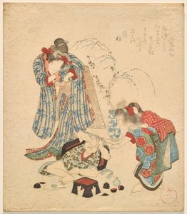 Zwei Mädchen mit ihrem kleinen Bruder, der das Sake-Set umgestoßen hat