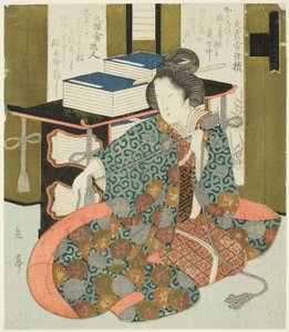 Eine Frau zieht an der Schnur eines rollbaren Bücherregals, aus der Serie "Ein Satz von sieben für den Katsushika-Club" von Yashima Gakutei