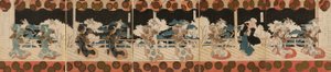 Tanzende Kurtisanen, Drei, aus der Pentaptychon-Serie "Furuichi-Tanzaufführung (Furuichi odori)" für den Hisakataya-Poesieclub