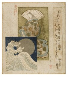 Hofdame der Heian-Zeit mit großem Fächer und Silbermond und Wellen aus der Serie Honcho Dichtungskreis, ca. 1815-1825