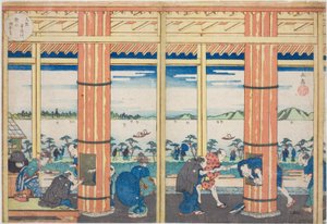 Der Regenschutz am Nii-Hügel am Aji-Fluss, Osaka (Osaka Ajigawa Niiyama amayadori), aus der Serie "Berühmte Orte in Osaka: Schöne Ansichten des Tenpo-Berges (Naniwa meisho Tenpozan shokei ichiran)" von Yashima Gakutei