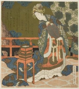 Zwei chinesische Frauen untersuchen Faden und ein Spinnennetz in einer Schachtel, aus der Serie "Diptychon für die Trommelgruppe" von Yashima Gakutei