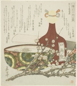 Weinflasche, Schale und Pflaumenzweig, aus der Serie "Zwei berühmte Produkte aus der Provinz Bizen (Bizen meibutsu futashina)" von Yashima Gakutei
