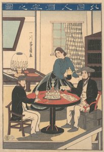 Weinparty eines Ausländers Gaikokujin shuen no zu, aus einer unbetitelten Serie von ..., 10. Monat, 1860 von Yoshikazu