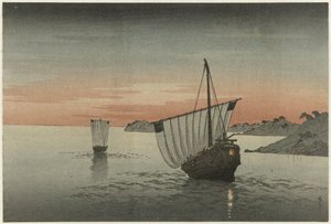 Zwei Segelschiffe entlang der Küste von Yoshimune (II) , Utagawa